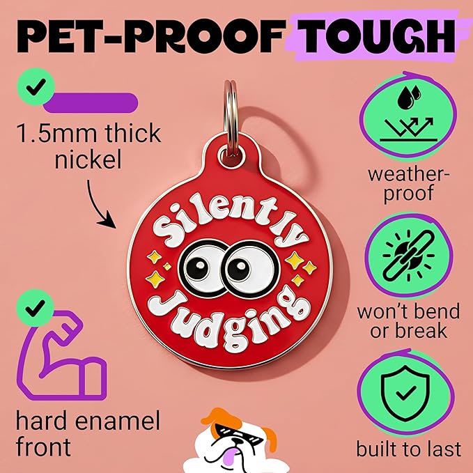 Bad Tags Personalized Dog and Cat ID Tags in 25+ Designs and 2 Sizes - 5 Lines of Custom Engraved Text - Funny Cute Personalized Pet Tags (Silently Judging - Red, Large (1.25 inch))