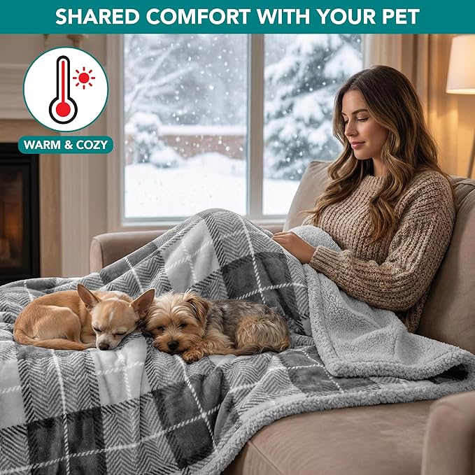 PetAmi Waterproof Dog Blanket for Small Medium Dog Puppy Cat Throw for Couch Cover Leakproof Protection, Sherpa Fleece, Reversible Soft Washable 29x40 Plaid Light Gray