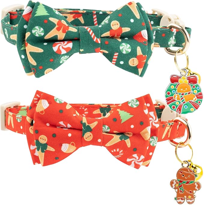 Faygarsle 2 Pack Christmas Cat Collar Set, Red and Green Gingerbread Pattern, with Bells and Bows, Breakaway Safety Feature