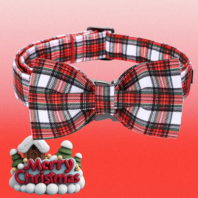 Christmas Dog Collar, Red Plaid Cotton Collars with Bow Adjustable Pet Collar Premium Metal Buckle, Christmas Puppy Necklace for Large Girl and Boy Dogs