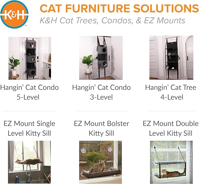 K&H Pet Products Hangin Cat Tree Door Mounted Cat Furniture, Space Saving Multi-Level Wall Perch Hammock Bed, Interconnecting Levels, Collapsible, Tool-Free Assembly - Gray - Fits Doors <80in H