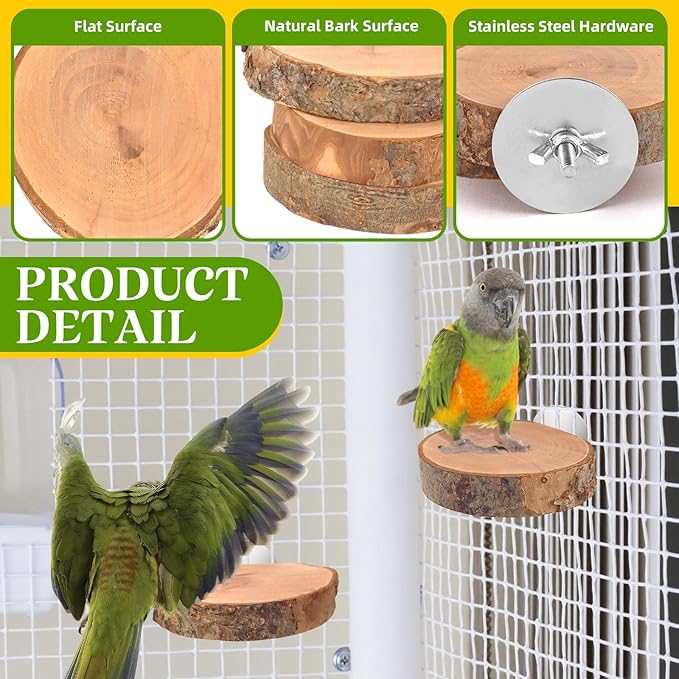 4PCS Natural Wood Round Bird Perch Platform for Cage - Parrot Perch Stand for Conures, Cockatiels, Budgies, Lovebirds, Parrotlets, Small Bird Cage Accessories