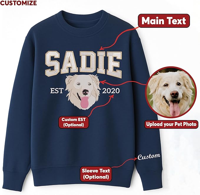 Custom Pet Embroidered Sweatshirt - Personalized Dog/Cat Face & Name - Gift for Mom, Dog Mom, Birthday, Christmas