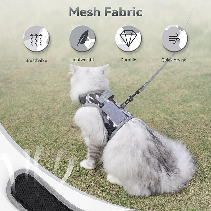 Tactical Kitty Harness and Leash for Walking Escape Proof Breathable Mesh Fabric, City Camo, X-Small, Adjustable Cat Walking Jackets, Padded Stylish Cat Vest
