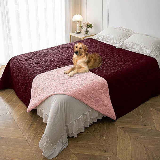 Waterproof Dog Blanket, 82x82 inches Pet Couch Covers for Sofa, Bed Furniture Protector from Dogs Washable and Reversible-Burgundy Red+Pink