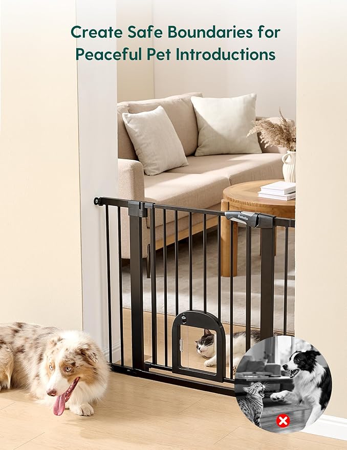 Babelio Baby Gate with Cat Door, CatPrivilege Ⅲ, Extra Wide 29-55" Cat Gate, 30" Tall Pressure Mounted Safety Gate for Large Openings, Stairs & Doorways, Auto Close, Black