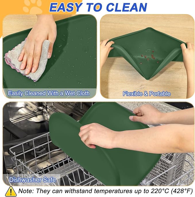 Silicone Pet Feeding Mat with Raised Edge for Food and Water, Dog Bowl Mats, Cat Bowls Placemat with High Lip for Floor Waterproof, Rubber Tray for Cats and Dogs 22 x 14 x0.8 Dark Olive