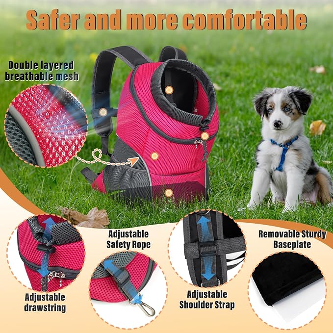 YUDODO Dog Front Carrier Backpack, Adjustable Breathable Pet Carrier for Small Dogs, Ventilated Puppy Back Pack with Safety Belt, Lightweight Doggy Backpack for Hiking Outdoor (Rose, L)