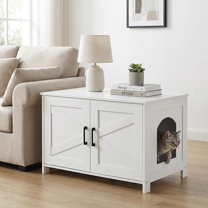 Homhedy Cat Litter Box Enclosure, Wooden Cat Washroom Furniture with Barn Door, Pet House, Fit Most of Litter Box, White