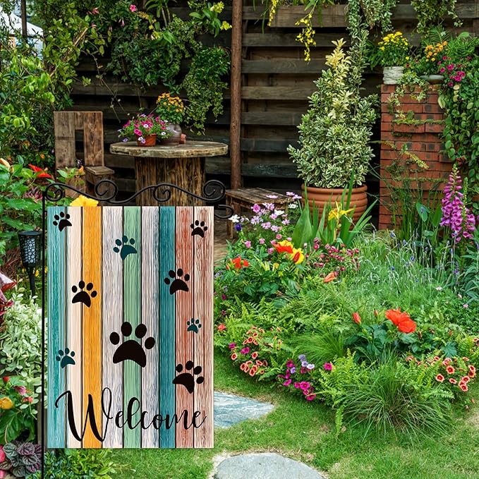 Welcome Paw Garden Flag,Welcome Spring Summer Garden Flag Colorful Footprint Summer Flag,Cat Dog Paws on Colorful Wooden Plank Yard Flag. 12x18 Double Sided