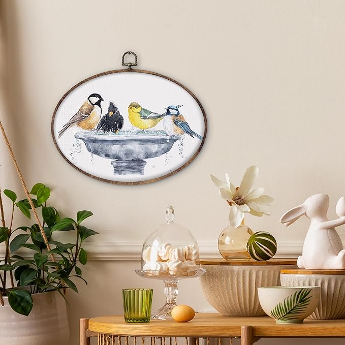 DILSJ Bird Oval Wall Art Decor, Country Bird Bath Canvas Wall Art Framed, Rustic Watercolor Birds Hanging Decorations for Bathroom Washroom Restroom Toilet, 8.5x11 Inch