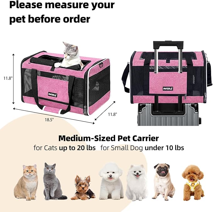 Cat Carrier Soft-Sided Travel Bag for Medium to Large Cats Over 15lbs, Small Dog Carrier Crate Top Entry Breathable Mesh Puppy 12 Pounds, Pet Rabbit Carrying Cage Kennel Collapsible Pink