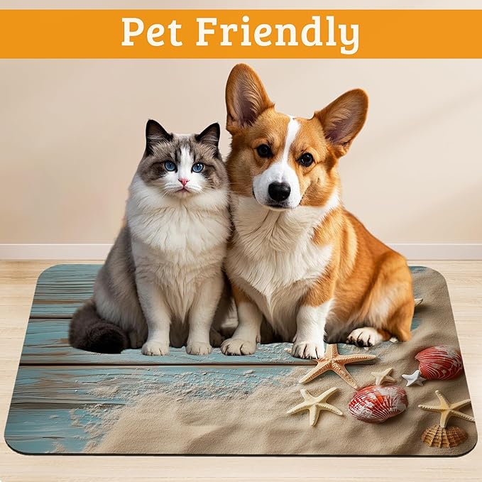 Sand Starfish Dog Cat Food Mat,Wood Board Absorbent Waterproof Placemat for Food and Water Non Slip Rubber Backing Durable Feeding Pad for Clean Floors 12" x 20"