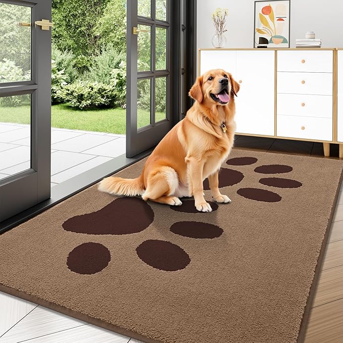 Buganda Dog Door Mat for Muddy Paws, Absorbent Dirt Trapper Washable Indoor Doormats, Non Slip Low-Profile Mud Mat for Dogs, Front Entrance Doormat for Inside Floor (47x32 Inches, Beige)