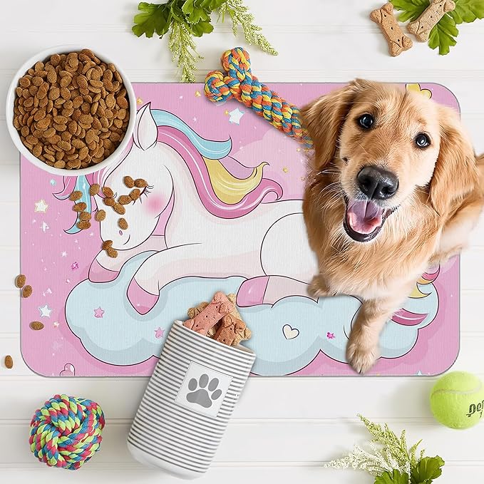 Cute Unicorn Dog Food Mat for Floors,Cloudy Pink Stars Absorbent Pet Food and Water Bowl Mats,Non-Slip Pet Feeding Mat,Pet Supplies 12" x 20"