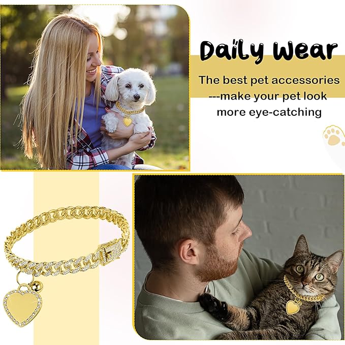 Hillban Dog Chain Gold-Plated Diamond Collar with Heart Rhinestones Jewelry Pet ID Tag Chain Bling Puppy Collar with Personalized Name Tag for Small Medium Large Dog Cat(Gold,8 Inch)