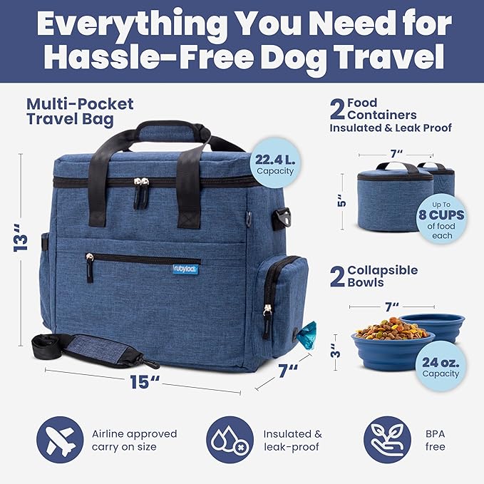 The Original Doggy Bag™ - Complete Dog Travel Bag for Supplies with 2 BPA-Free Travel Dog Bowls & 2 Pet Food Containers - Traveling Kit for Road Trips, Camping, Weekend Away or Doggy Gift: Navy