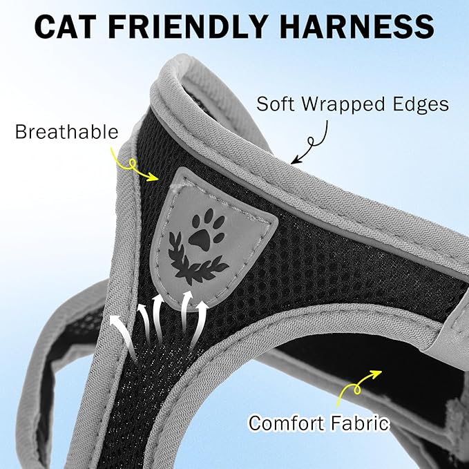SCENEREAL Cat Harness and Leash Set Escape Proof, Adjustable Soft Air Mesh Kitten Harnesses for Girls Boys Small Medium Big Cats, Reflective Light Travel Pet Walking Vest for Puppy Rabbit, Black XL