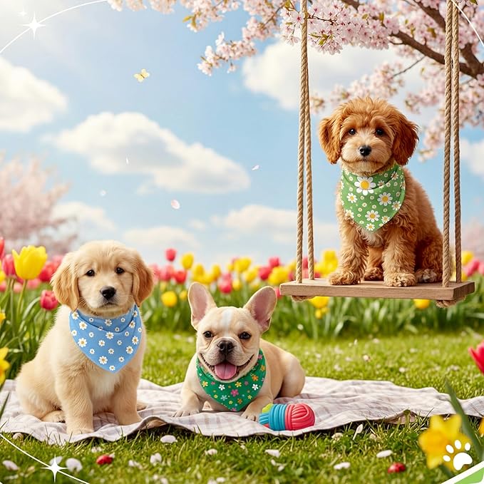 Weewooday 50 Pcs Spring Dog Bandanas Bulk with Daisy, Flower, Floral Soft Bibs Adjustable Triangle Pet Scarf Bowtie for Small Medium Large Costume Grooming(19.7 x 13.8 x 13.8 Inch)