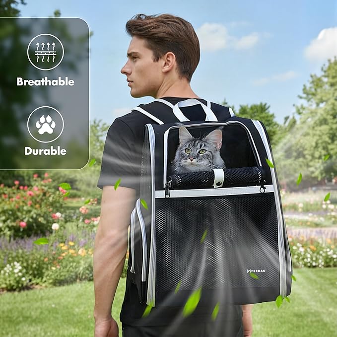 Pet Backpack Carrier, Large Cat Carrier Backpack Up to 20 Lbs with Breathable Mesh, for Medium Large Cats or Small Dogs, Travel Hiking Camping Backpack (Black-XL)