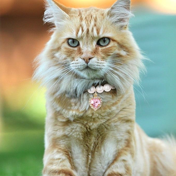 2pcs Cat Pearl Collar with Heart Pendant, Cute Pearl Pet Necklace in Small, Adjustable Wedding Party Small Dog Jewelry Accessories for Puppy Kitten- Pink & Purple