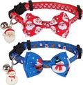 ADOGGYGO Christmas Cat Collar with Bowtie Bell, Removable Kitten Bow, 2 Pack Red Green Santa Snowman Christmas Collars for Cat Kitten