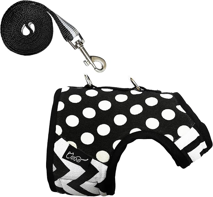 Cat Harness and Leash for Walking Escape Proof, Adjustable Cat Vest Harness, Padded Stylish Cat Walking Jackets, Polka Dot Black, X-Small