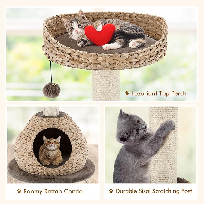 PETSITE Modern Cat Tree Tower, Paper Rope Natural Bowl Shaped with Perch, Scratching Post, Rattan Cat Activity Tree for Kittens, 28" Tall