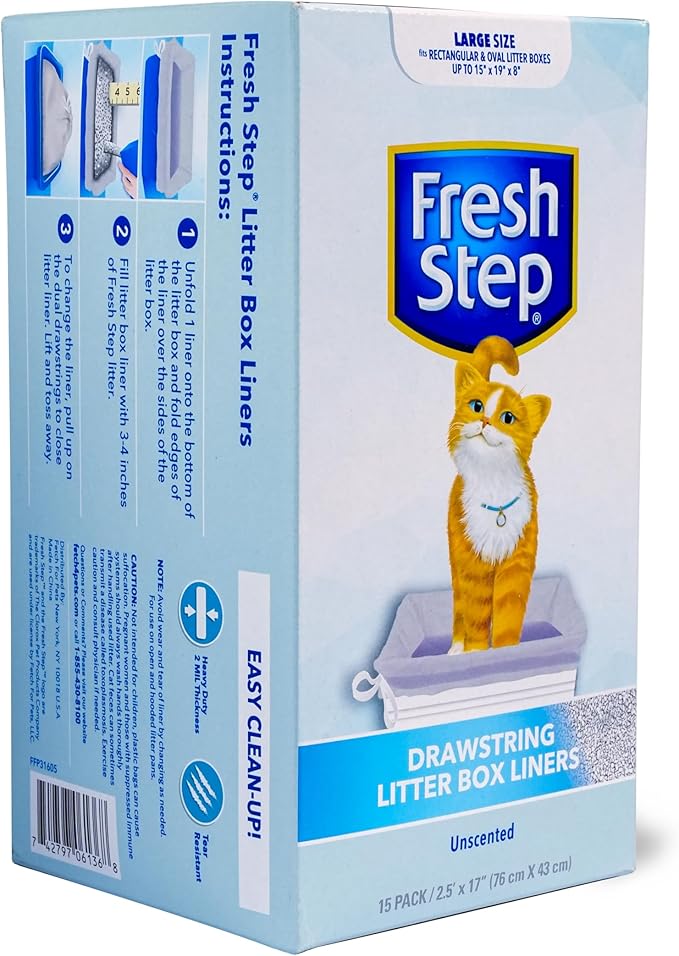 Fresh Step Drawstring Cat Litter Box Liners, Unscented Heavy Duty Kitty Litter Bags for Large Oval or Rectangle Pans, Helps Contain Odor and Mess, Easy Lift Out Cleanup, 30 x 17 in, 15 Count - 12 Pack