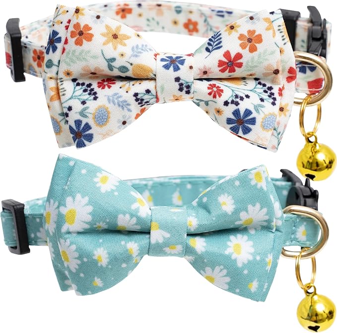 Faygarsle 2 Pack Cotton Designer Breakaway Cats Collar with Bow Tie and Bell Cat Collars for Girl Female Cat Collar with Bell Collars for Cats Flower Pattern