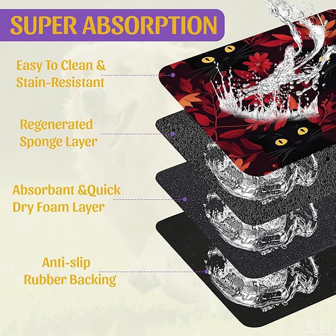 Black Cat Forest Pet Feeding Mat, Fast-Dry Absorbent Dog and Cat Bowl Mat, Waterproof Non-Slip Base for Messy Eaters, Indoor Pet Accessories – 16x24 Inch