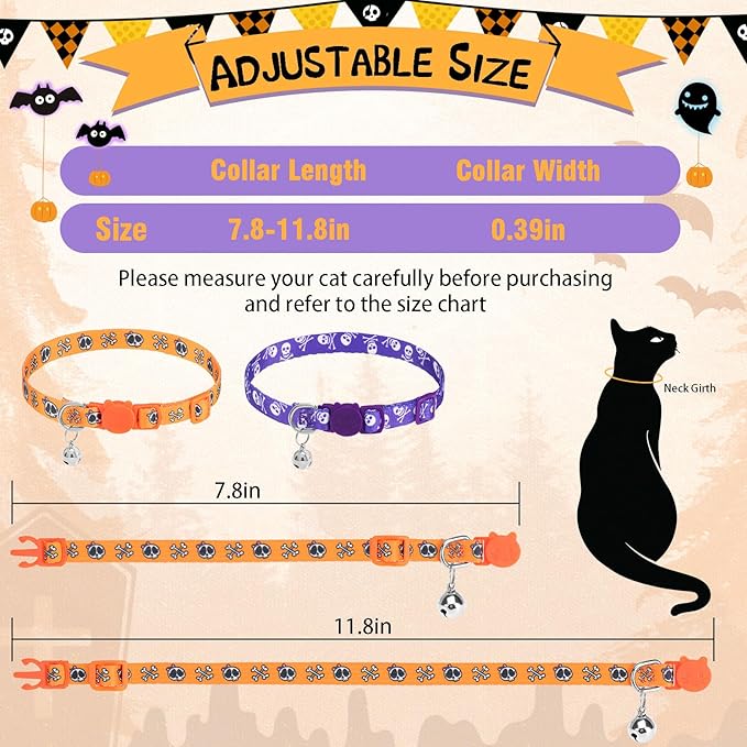 PUPTECK Breakaway Halloween Cat Collar with Bell Charm, 2 Packs Adjustable Kitty Collars Purple & Orange Skull Pattern, Orange Purple, 7.8-11.8 in