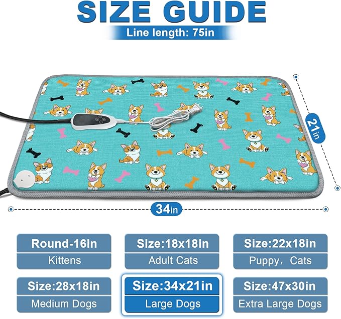 Large Dog Heating Pad 34x21in with Smart Thermostat Switch and Power Line Protection Tube,Obtained MET and UL Dual Certification,Waterproof Pet Pad, Suitable for Dogs of All Ages-Blue