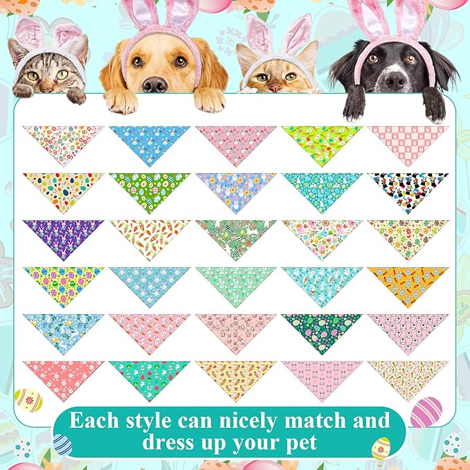Sanwuta 120 Pcs Easter Dog Bandanas Bulk Rabbits Patterns Bandanas for Dogs Easter Eggs Adjustable Washable Pet Triangle Scarf for Small and Medium Dogs, 30 Styles