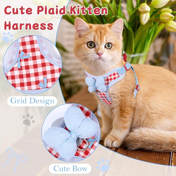Cat Vest Harness and Leash Set for Walking Escape Proof, Adjustable Kitten Harness and Leash Set Breathable Mesh with Bow Harness for Kitty Puppy Bunny(Red Medium)