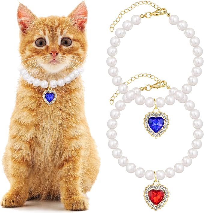 2pcs Pearl Collar for Cat Puppy, Small Cute Heart Shape Rhinestone Pet Necklace, Adjustable Wedding Party Pet Jewelry Accessories for Puppy Kitten- Blue & Red