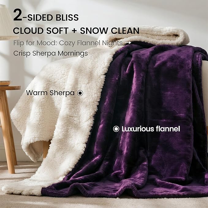 gogobunny Waterproof Bed Blanket, Reversible Sherpa Fleece Throw Blanket for Dog Puppy Cat, Furniture Cover Protects Bed Couch Sofa from Liquid Pee and Pet Fur (Dark Purple, 90x90 inches)