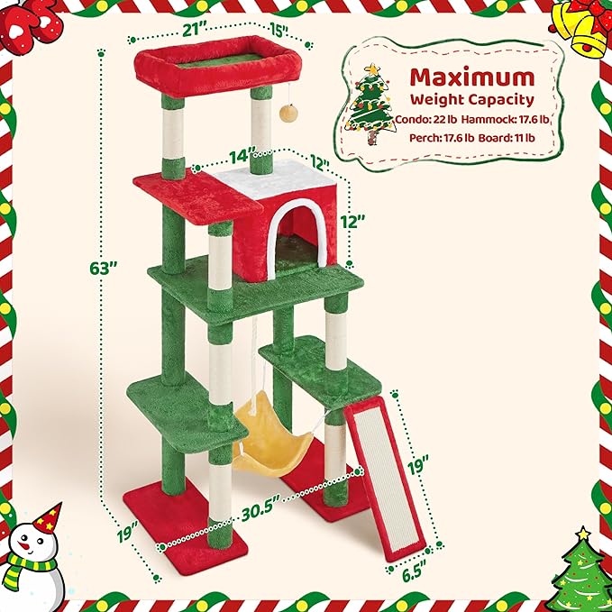 Yaheetech 63in Christmas Cat Tree with Cozy Condo, 7 Scratching Posts, Scratching Ladder, Hammock, Large Cat Tower Holiday Pet Climbing Furniture for Kittens to Play and Sleep