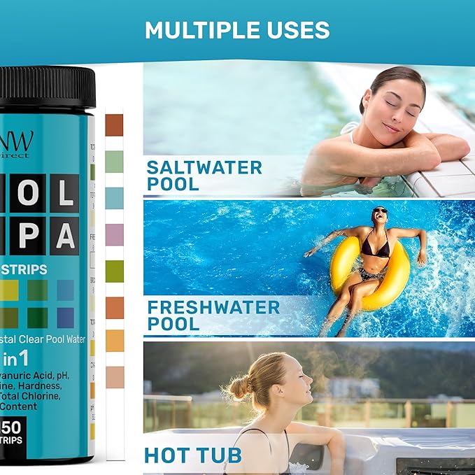 Pool Test Strips 8-in-1, 150 Quick and Accurate Pool and Hot Tub Test Strips - Pool Water Testing Kit for Chlorine, Bromine, pH, Hardness, More - All in 1 Swimming Pool Test Strips by JNW