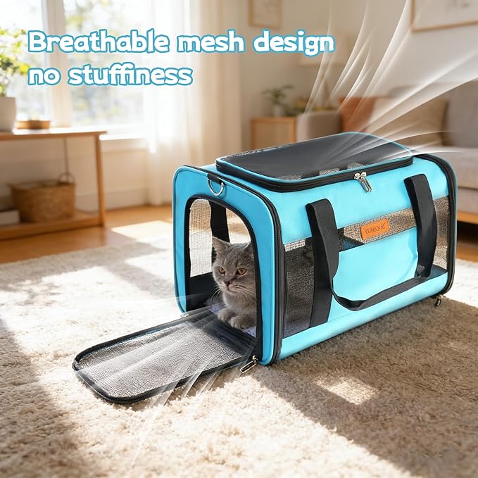 YUNIQUE Soft-Sided Cat & Dog Carrier for Pets Up to 15 Lbs, Airline Approved Collapsible Travel Puppy Carrier with Lightweight Fabric Design (Blue)