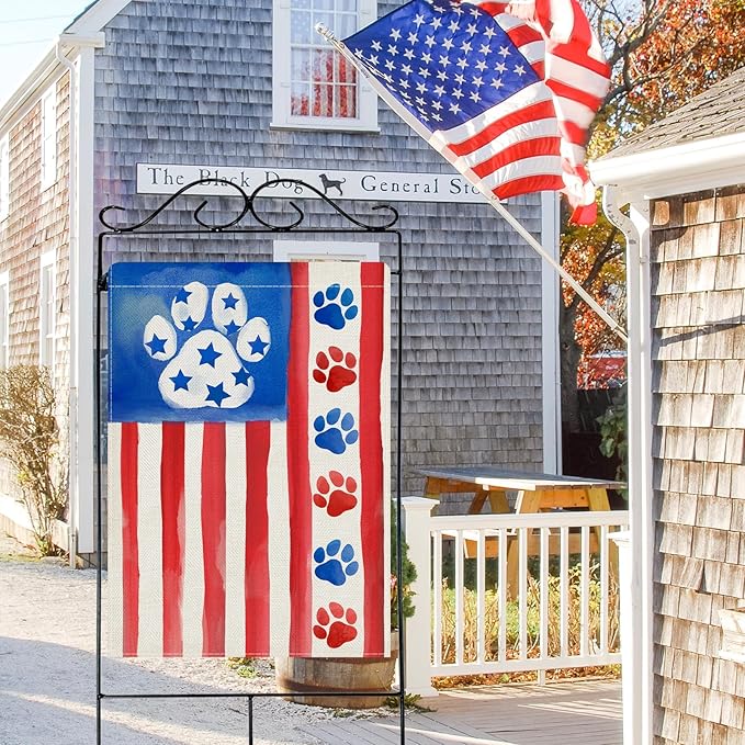 Dyrenson 4th of July Dog Cat Paw Prints 28 x 40 House Flag Double Sided, Patriotic America Watercolor Garden Yard Decoration Pet Lover Gift, American USA Burlap Outdoor Decor Decorative Large Flag