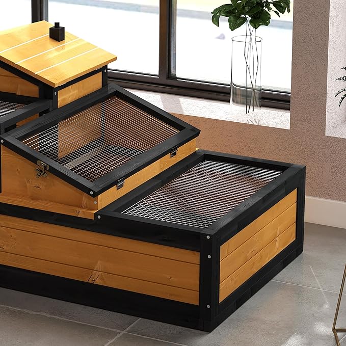 PawHut 3- Room Tortoise House Habitat with Balcony & 2 Stories, Indoor/Outdoor Wooden Tortoise Enclosure with Ladder, Tray, Openable Roof, Large Reptile Cage, 44" x 25.5" x 23", Yellow