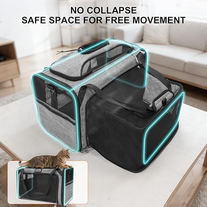 Top and Side Expandable Pet Carriers, 16x11x11 Airline Approved Soft-Sided Cat Carrier for Small Dogs and Cats, in-Cabin Travel Carrier with Anti-Scratch Mesh, Grey