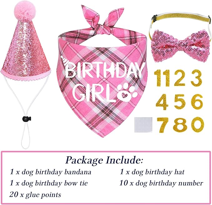 STMK Dog Birthday Outfits, Multi Size Dog Birthday Hat Dog Birthday Girl Bandana Bow Tie Birthday Numbers for Large Extra Large Dogs Pets (Pink, X-Large)