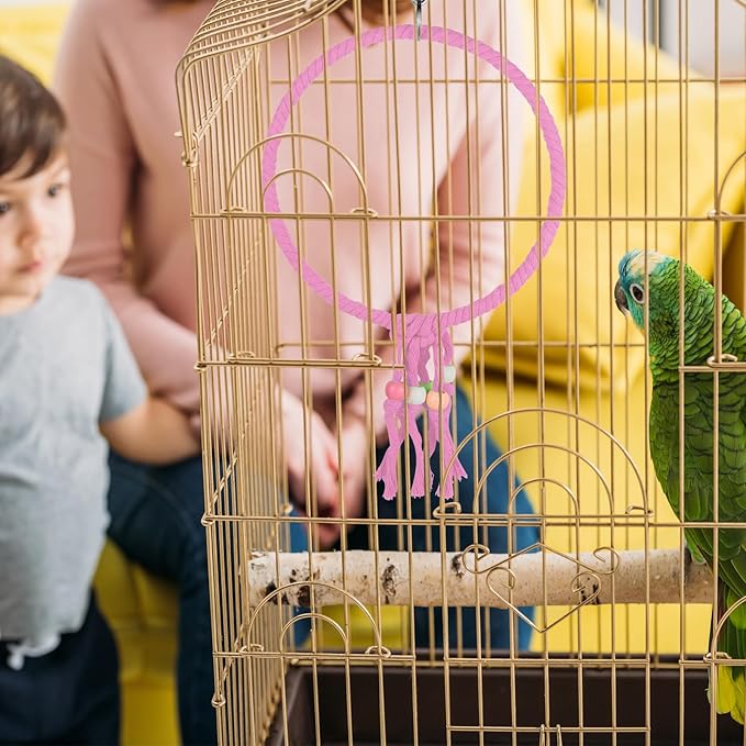 Bird Swing, 20 CM Diameter Hanging Parrot Swing with Colourful Beads, Swing Parrot Toys Cotton Rope Ring Bird Cage Toys for Budgie, Cockatiel, Canary, Parakeet, Finch (Pink)