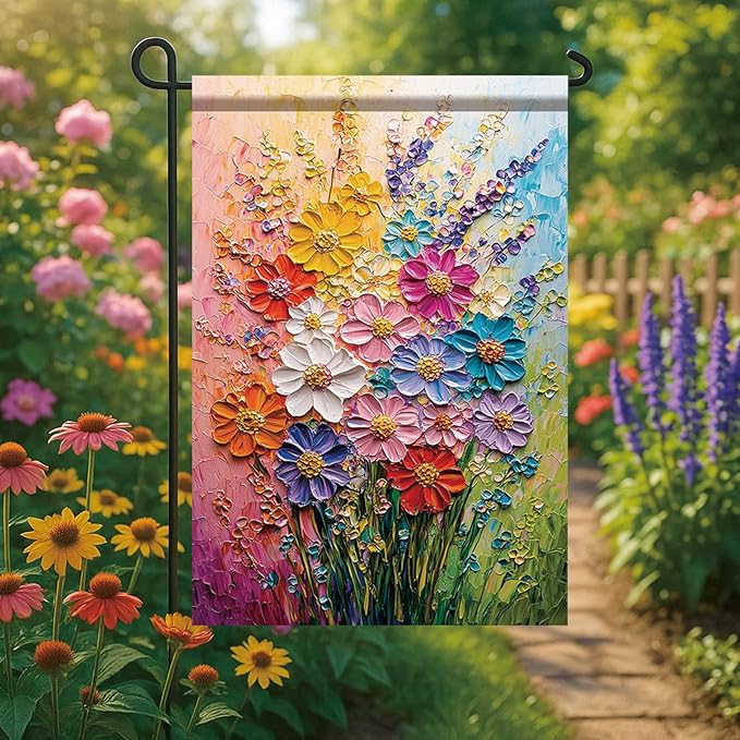 12x18 Inch Spring Garden Flag Colorful Flower Oil Painting Style Yard Banner Artistic Textured Floral Design Double Sided Outdoor Decoration for Lawn Patio Home Seasonal Garden Flag