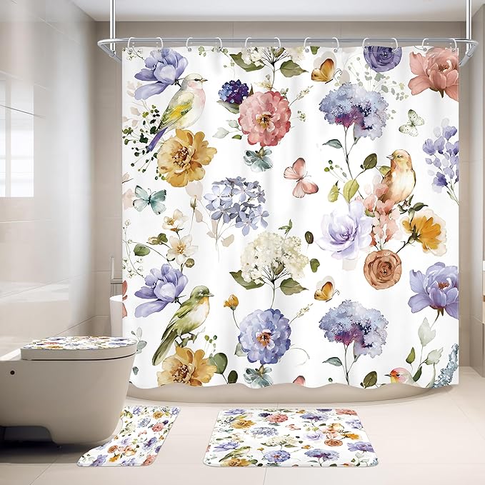 4 PCS Purple Floral Birds Bathroom Set with Shower Curtain and Rugs 72Wx72H Inch Classical Watercolor Non-Slip Bath Rug Toilet Lid Cover and U Shape Mat Accessories 12 Hooks Bathoom Decor
