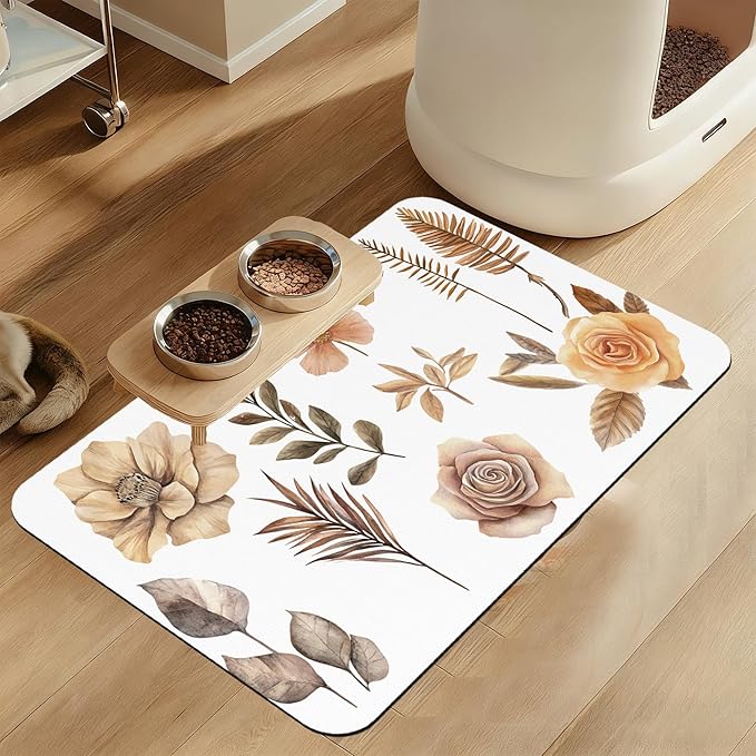 Floral Palm Leaves Dog Cat Food Mat–Christmas Stocking Absorbent Waterproof Placemat for Food and Water Bowls, Non Slip Rubber Backing, Feeding Mat for Clean Floors 16"x24"