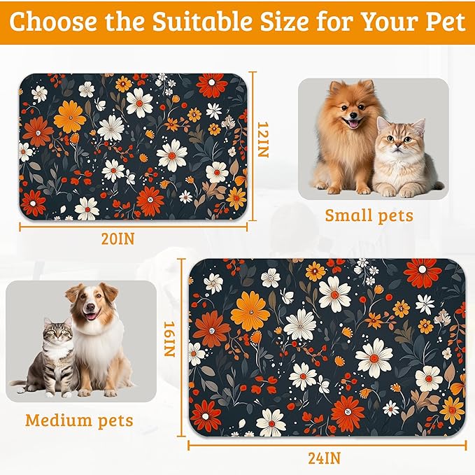 Floral Black Feeding Mat,Absorbent Quick-Dry Cat Dog Food and Water Bowl Mats,Non-Slip Rubber Backing Mat,Cat Dog Accessories Supplies 16" x 24"