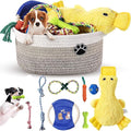 Zopeal Puppy Dog Toy Gift Storage Basket with Dog Toys Set Chew Toys Birthday Gift Basket Teething Interactive Squeaky Duck for Teething Small Medium Large Dogs(Khaki)